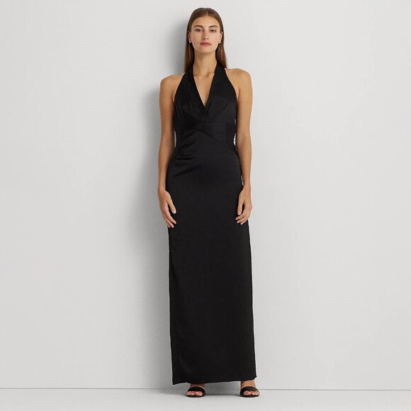 Lauren Ralph Lauren Satin Pleated Gown Black Size 4 NEW NWT - Picture 1 of 11